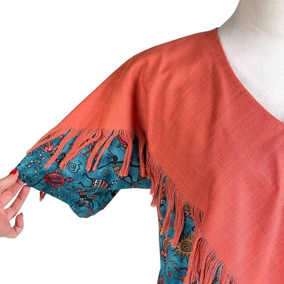 Carolene de Mesilla Vintage Burnt Orange Fringe Layered Shawl Southwestern Top - Picture 4 of 11